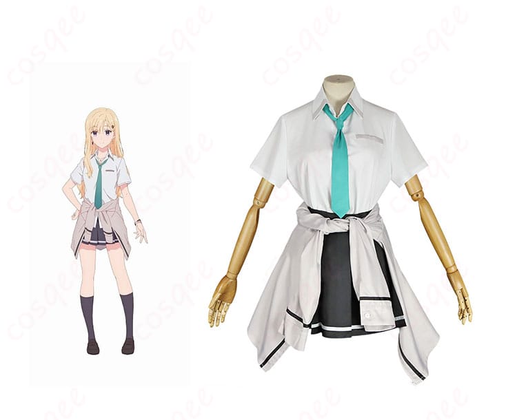 商品正面とキャラクターが組み合わさった画像 - 綾瀬沙季のコスプレ衣装を忠実に再現した正面の画像。コスプレ衣装の高い再現度が特徴です。