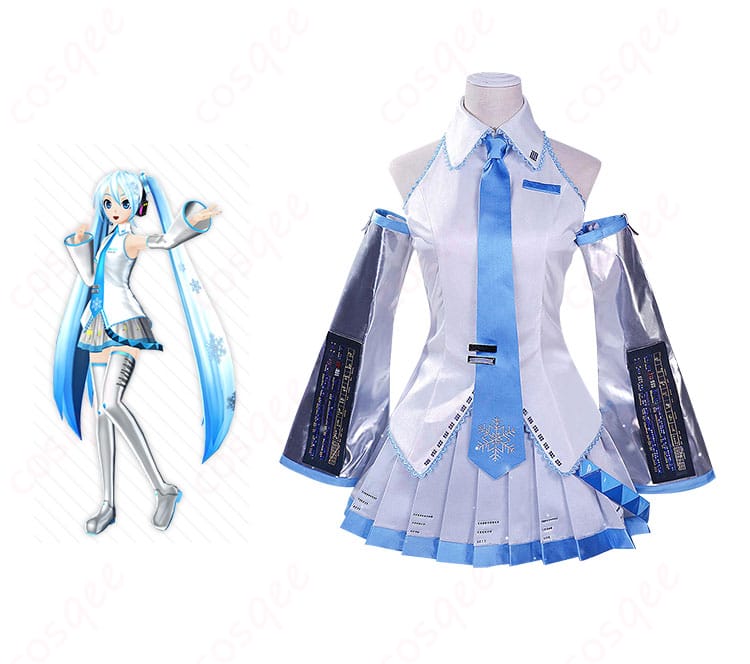 商品正面と初音ミクのキャラクター画像 - 雪ミク2010コスプレ衣装の正面写真。コスプレ衣装の全体の雰囲気がよく分かります。