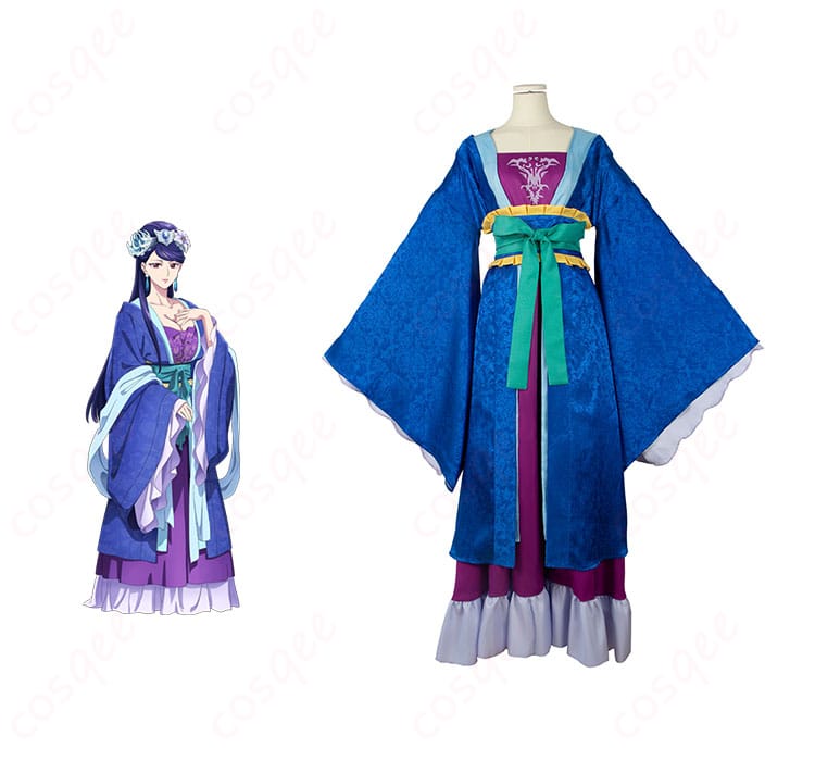 商品正面と梨花妃のキャラクターが一緒に写っている画像。コスプレ衣装の正面全体像と忠実再現が特徴。コスプレ通販。