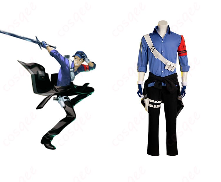 商品正面とキャラクター伊織順平のコスプレ衣装の組み合わせ。コスプレ衣装の全体的なデザインと雰囲気を確認。