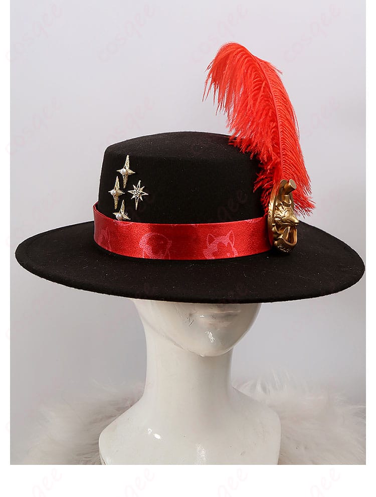 エース・トラッポラ コスプレ衣装の冒子(帽子)の装飾ディテール。個性的でファッション性の高いデザイン。