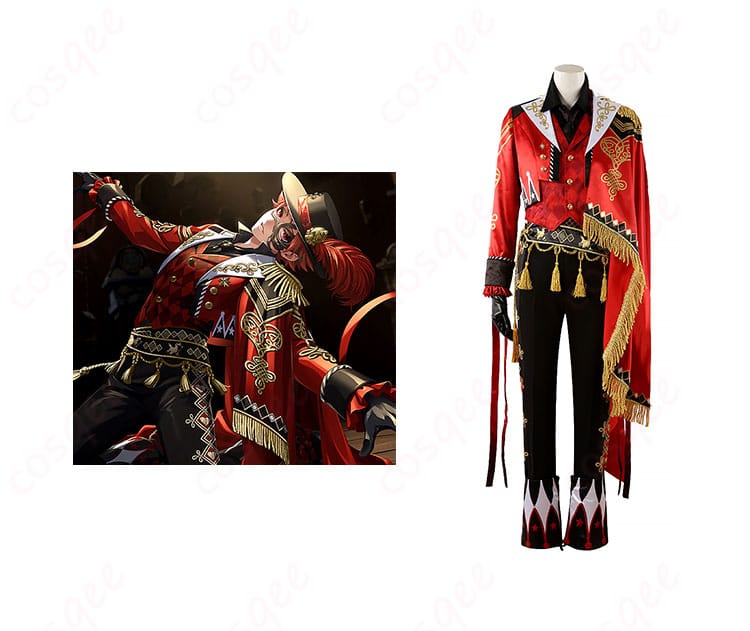 エース・トラッポラのコスプレ衣装(ツイステッドワンダーランド)正面とキャラクターの融合画像。魅力的なプレイフル・ドレスのディテールが映える。