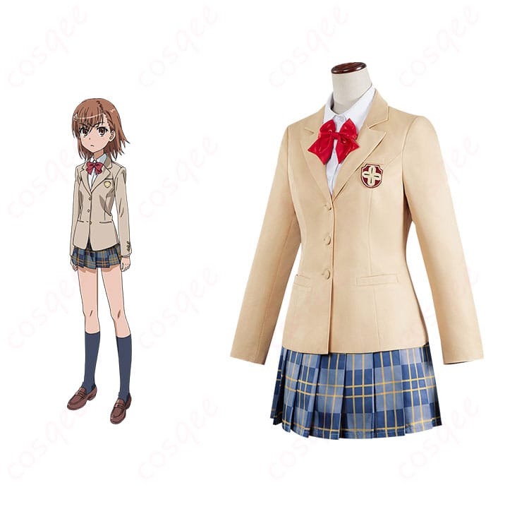 商品正面とキャラクター御坂美琴のコスプレ衣装の全体像。『禁書目録』の高再現度をお楽しみください。コスプレ通販で購入可能。