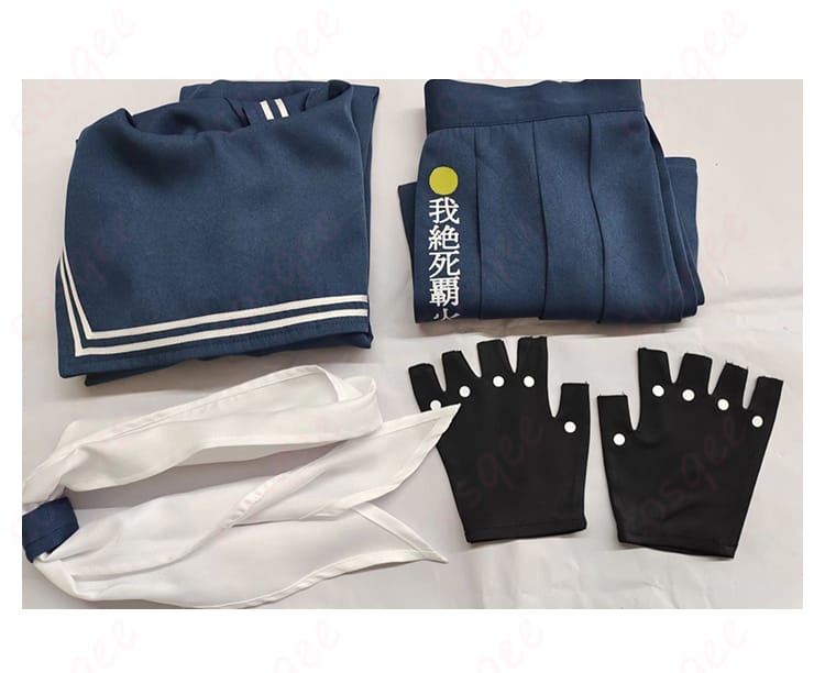 ブルーアーカイブ スケバン コスプレ衣装 セーラー服 セット内容。トップス、スカート、スカーフ、手袋が含まれます。