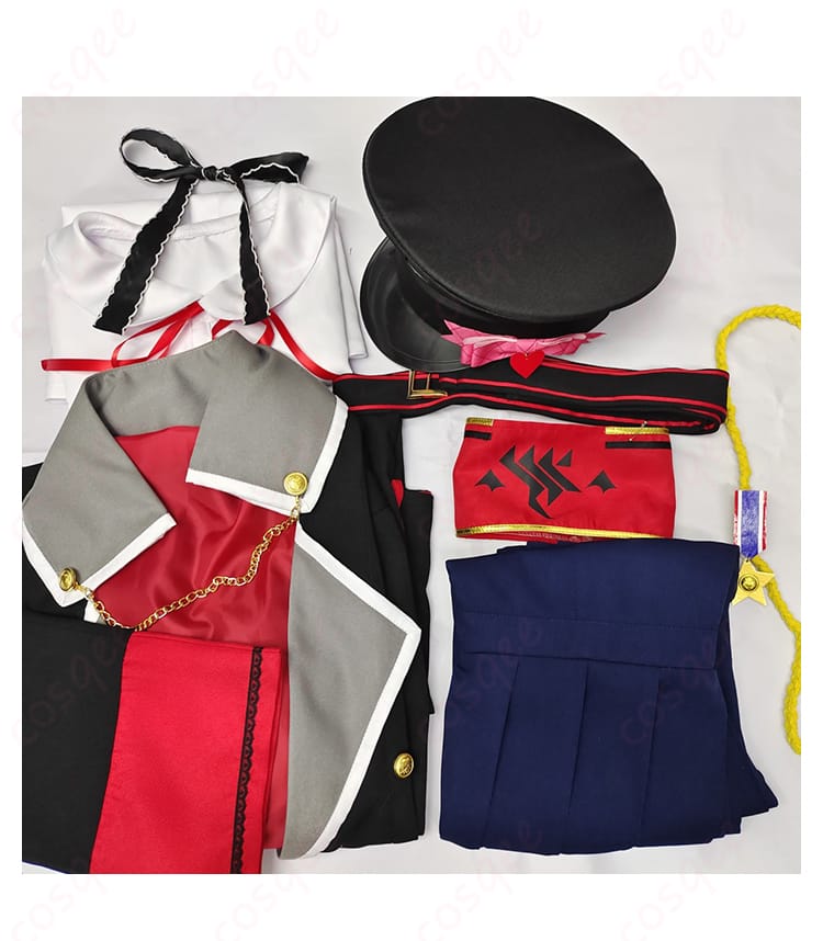 ブルーアーカイブ 丹花イブキ コスプレ衣装 セット内容の全体画像。トレンチコート、シャツ、ベルトなどのアイテムが揃っています。