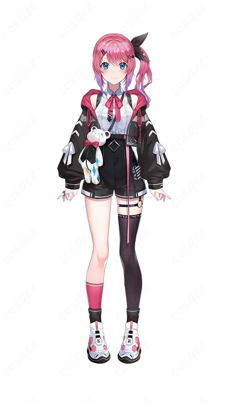 にじさんじ 倉持めるとのコスプレ衣装を着たキャラクター画像。オーダーメイド可能で、黒ピンクパーカーとくまのポシェットが特徴的。