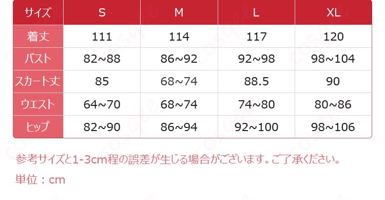 クララ コスプレ衣装 サイズ表と対応データ 実際の寸法を確認