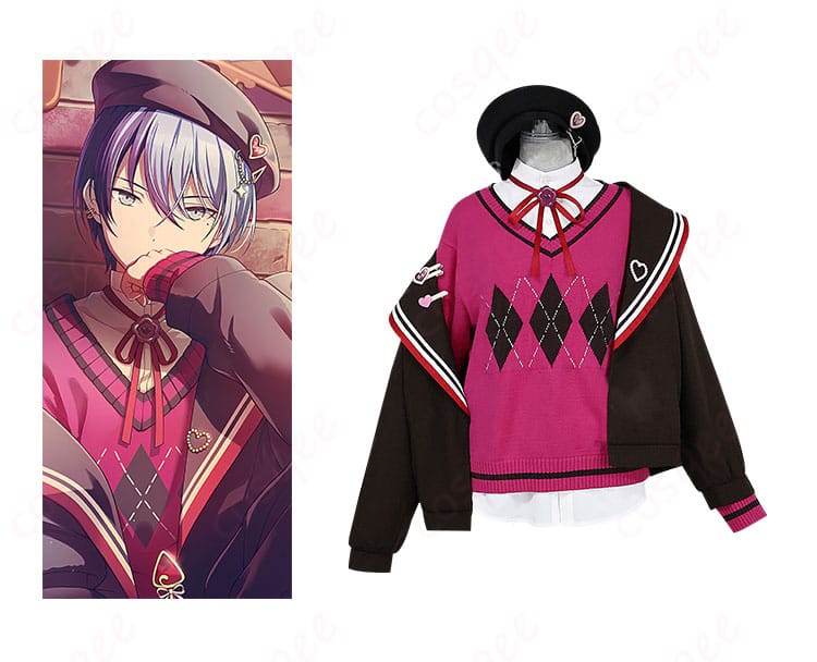 プロジェクトセカイ 青柳冬弥 コスプレ衣装 正面とキャラクターとのコラボ写真、イベントや撮影に最適な衣装です。