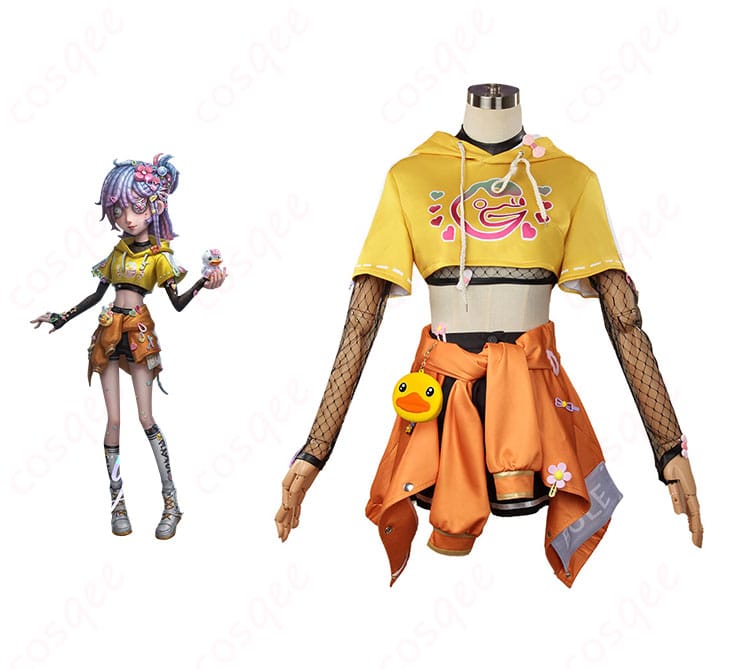 商品正面とキャラクターとのコラボ写真、コスプレ衣装の全体像、第五人格のキャラクター「ウィラ・ナイエル」