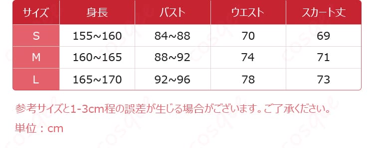 サイズと寸法に対応するデータ、プリバティコスプレ衣装のフィット感を確認