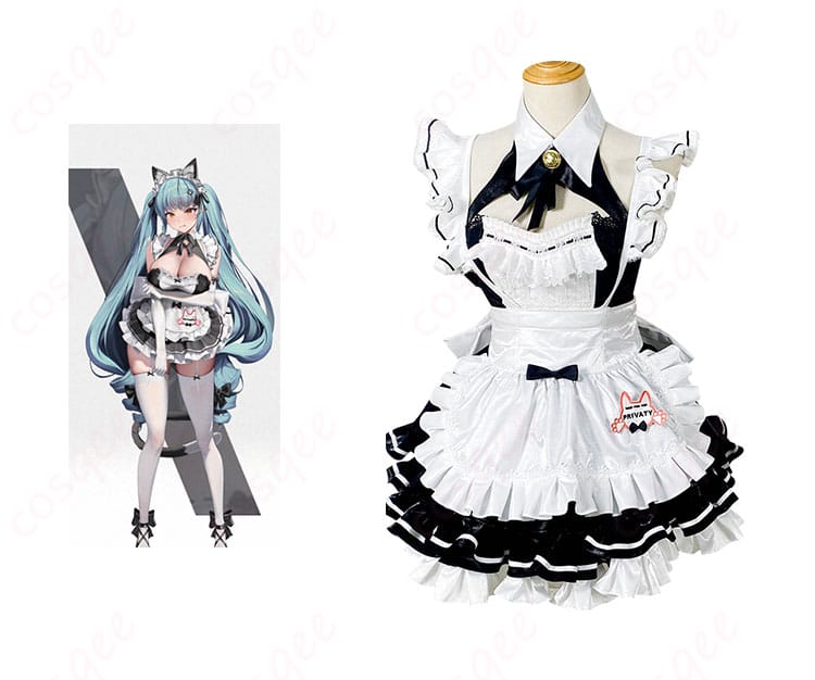 プリバティのアンカインド・メイドコスプレ衣装(猫耳付き)正面とキャラクターの組み合わせ、可愛さ際立つデザイン
