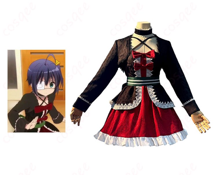 中二病 小鳥遊六花 コスプレ衣装 クリスマス衣装の正面とキャラクターの組み合わせ画像。かわいらしいデザインを忠実に再現。