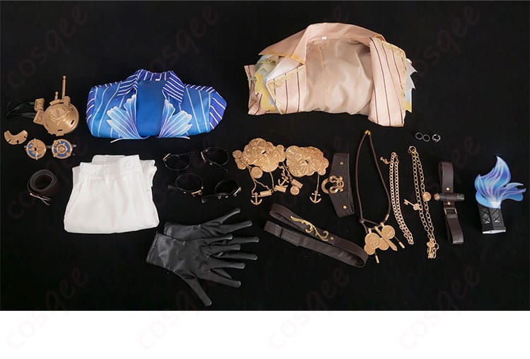 「コスプレ衣装セット内容の画像。コート、インナー、ズボンなど、フルセットが確認できる画像。」