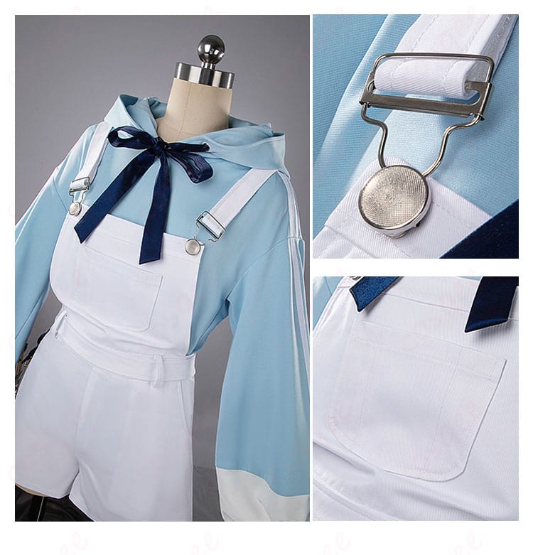 服装の背負い紐とポケット装飾のアップ画像 - 細かいデザインが特徴的