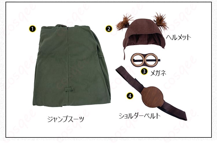 ALONEコスプレ衣装のセット内容を示す画像。ジャンプスーツ、ヘルメット、メガネなどの全アイテムが含まれている。