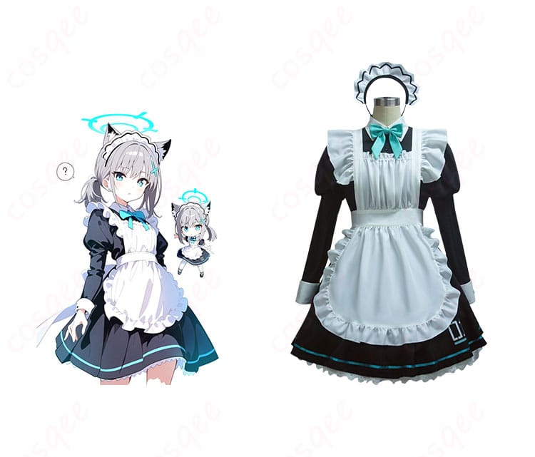 砂狼シロコのメイド服コスプレ衣装とキャラクターのポートレート。ブルーアーカイブ コスプレ衣装の美しい再現度を確認してください。