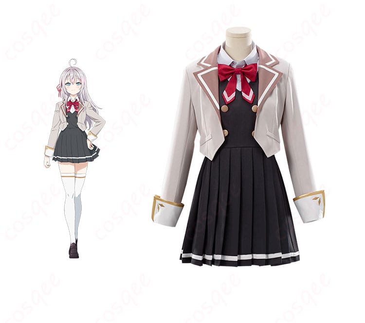 商品正面とキャラクターアリサ・ミハイロヴナ・九条のコスプレ衣装が一緒に写った画像。アーリャの特徴を忠実に再現。高品質のコスプレ衣装です。