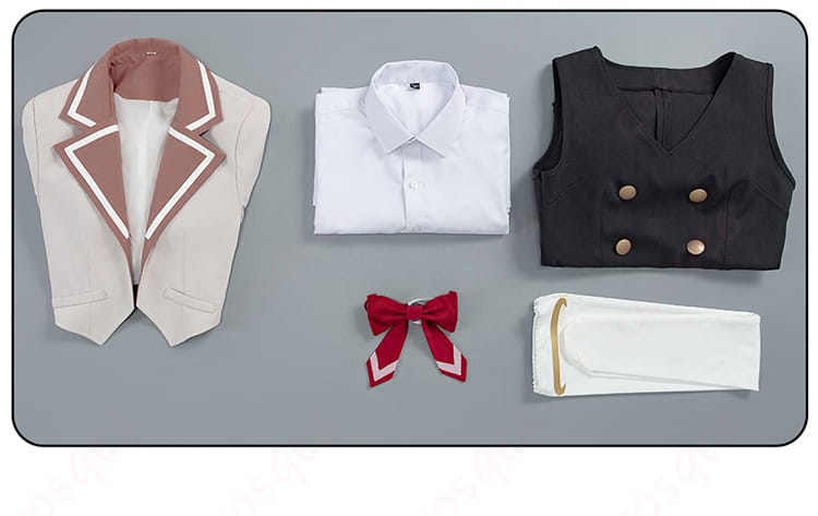 コスプレ衣装セット内容を展示した画像。すべてのアイテムが揃っていて、完璧なコスプレ体験を提供します。