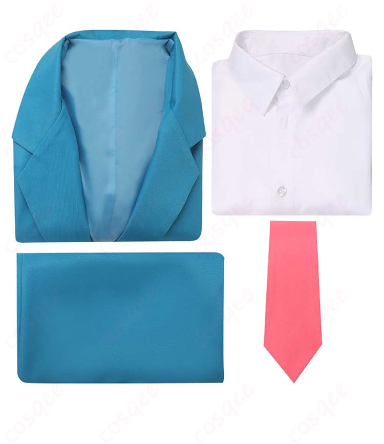 セット内容の展示。コート、シャツ、ズボン、ネクタイがセットであることが分かります。