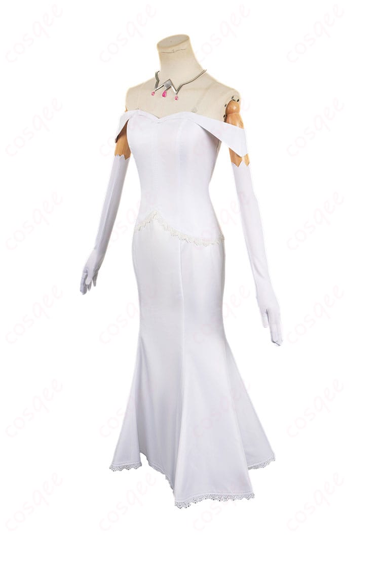 エミリアのコスプレ衣装白いワンピースの左側画像。衣装のシルエットとディテールが際立っています。