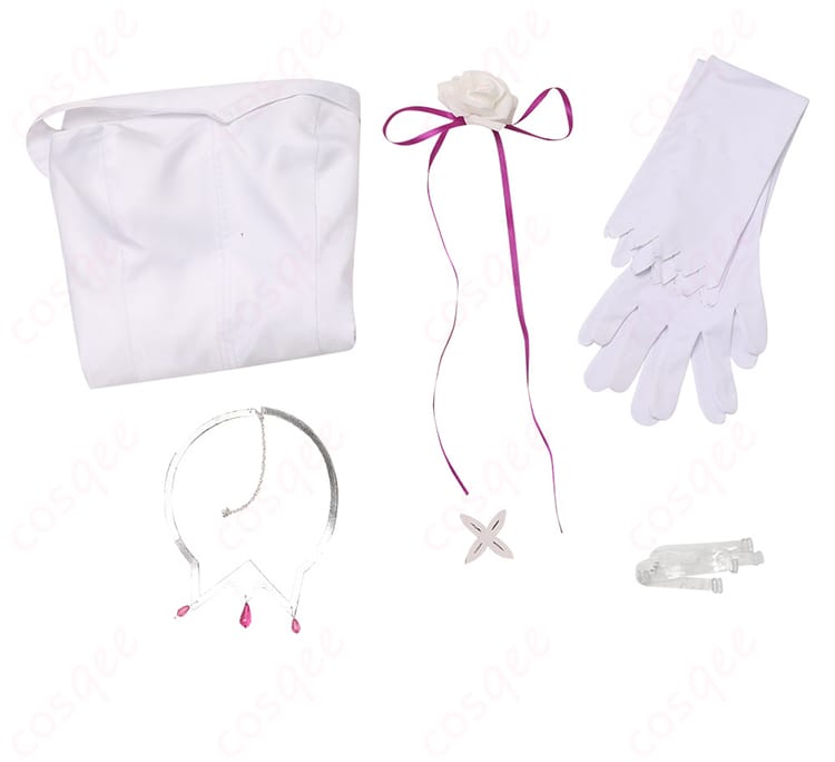 Re:ゼロから始める異世界生活 エミリア コスプレ衣装のセット内容。手袋、ネックレス、髪飾りなどが含まれています。