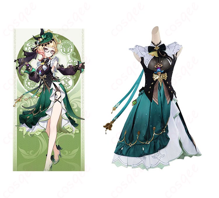 商品キャラクター「エミリエ(調香師)」のコスプレ衣装、原神キャラクターの美しいデザインを忠実に再現した画像。
