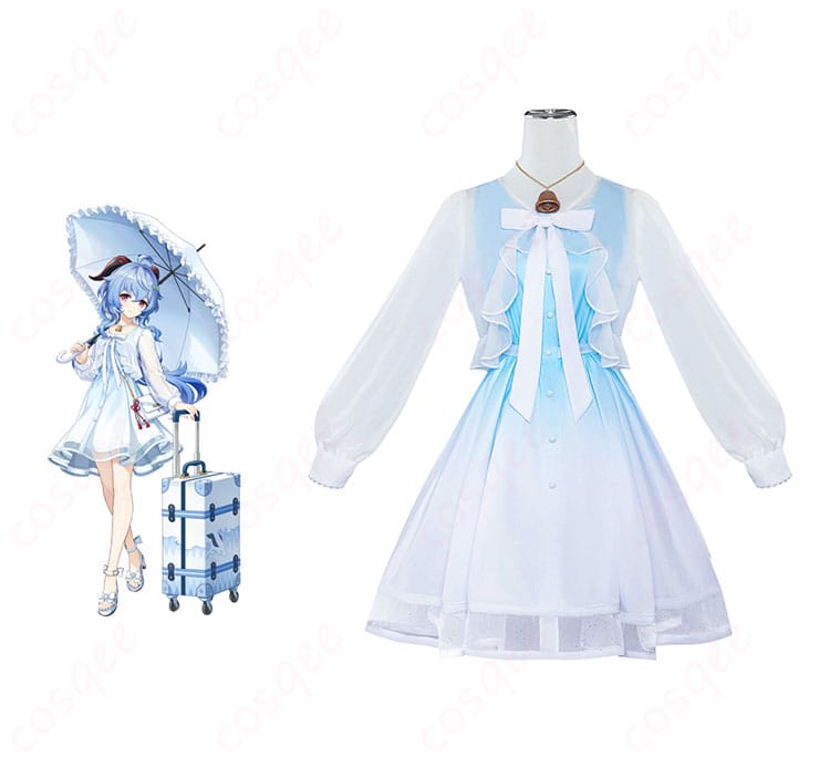 甘雨(カンウ)のコスプレ衣装を着たモデルとキャラクターが一緒に映った画像。コスプレ衣装の精緻なディテールが見どころです。