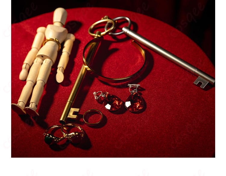 パール夫人コスプレ衣装のアクセサリー、鍵、イヤリング、指輪