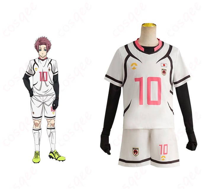 商品正面とキャラクター糸師冴のコスプレ衣装の画像。ブルーロックのU-20サッカーウェア、サッカーコスプレ衣装。