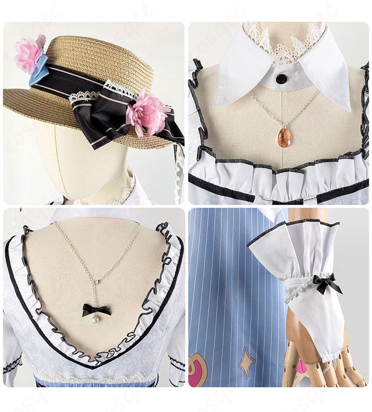 領口、帽子、手首飾り装飾の詳細画像。衣装全体の魅力を引き立てる細かいディテール。