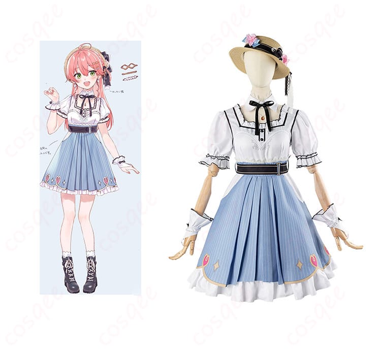 商品正面とキャラクターさくらみこのコスプレ衣装の詳細な画像。ホロライブのアイドル衣装、デート服デザインが特徴です。