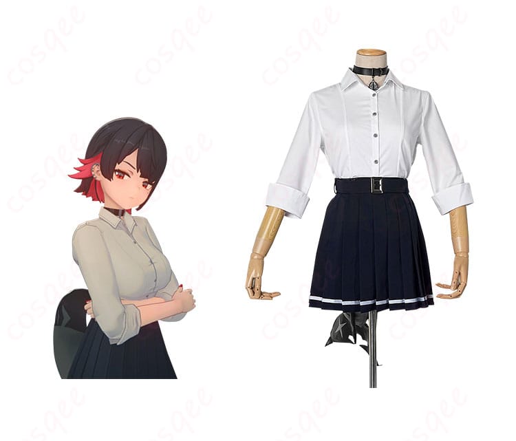 ゼンレスゾーンゼロ エレン・ジョー 制服 コスプレ衣装の商品正面とキャラクターのコラボ画像。高忠実度再現、完璧なデザインを楽しんでください。