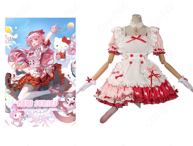 アークナイツ × サンリオコラボ ゴールデングロー コスプレ衣装 正面とキャラクターを合わせた写真。コスプレ衣装の全体像を確認できます。