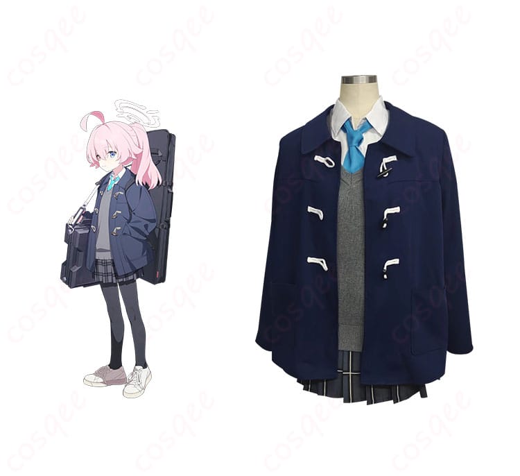 小鳥遊ホシノの2年生制服コスプレ衣装の正面とキャラクターの組み合わせ写真。ブルーアーカイブファン必見!コスプレ衣装通販でチェック。