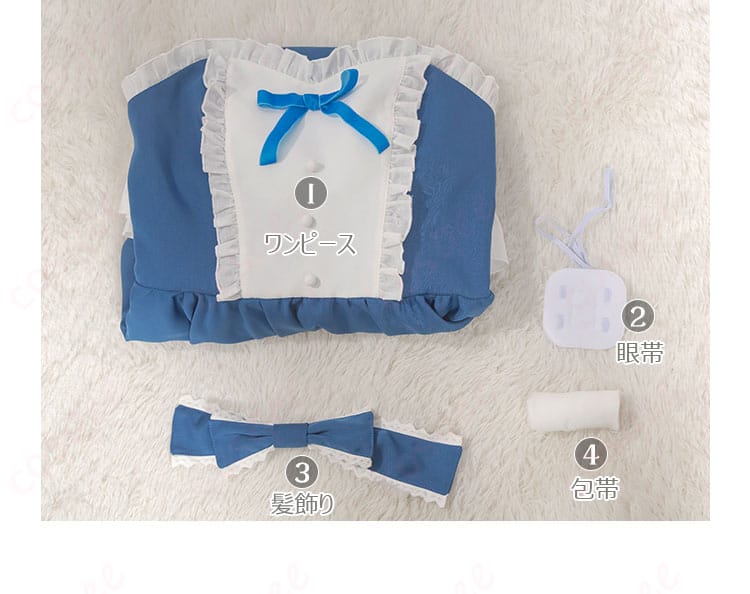 小鳥遊六花 コスプレ衣装 ワンピースのセット内容画像。ワンピース、眼帯、髪飾り、包帯が含まれています。