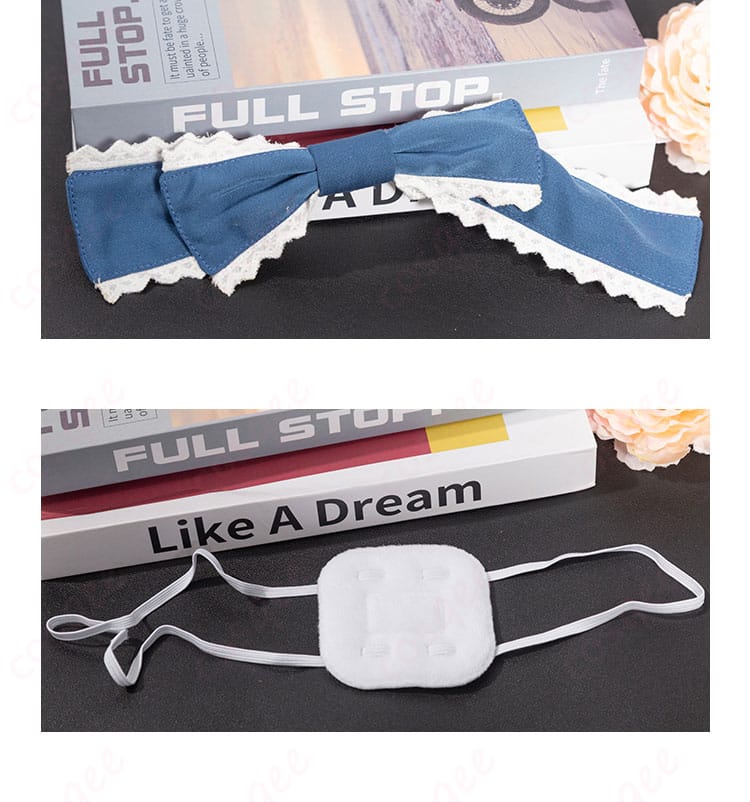 小鳥遊六花のコスプレ衣装 ワンピースの髪飾りと眼帯装飾の詳細。精巧なデザインと仕上がり。