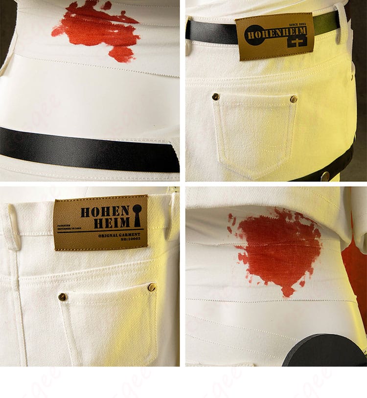 服装の血色のグラフィティやアイコン装飾の細部。A.B.Aのコスプレ衣装の個性的なデザイン要素を見せる画像。