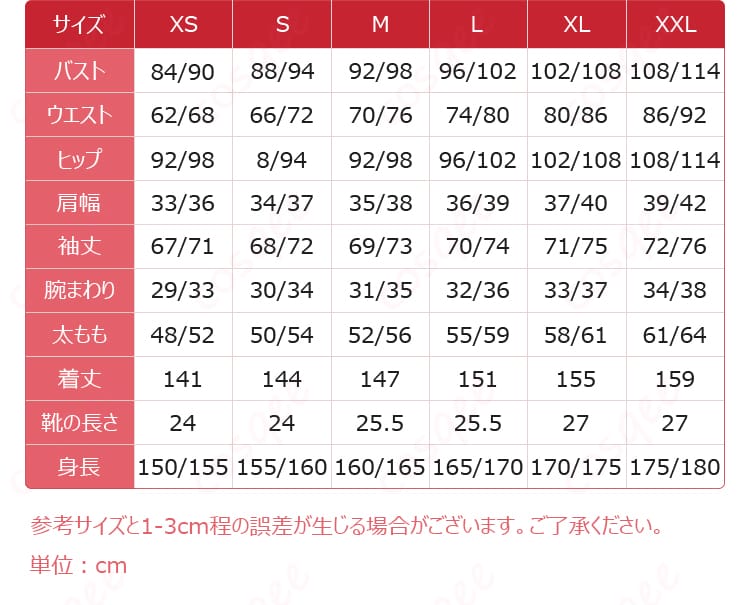 ホタルのコスプレ衣装のサイズと寸法に関するデータ表。お客様の体型に合わせた選び方が分かる。s