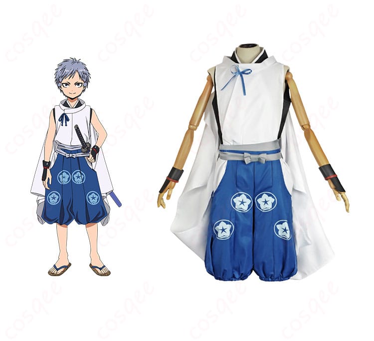 商品正面とキャラクター弧次郎のコスプレ衣装画像 - 高再現度のコスプレ衣装、弧次郎の魅力を引き立てる!