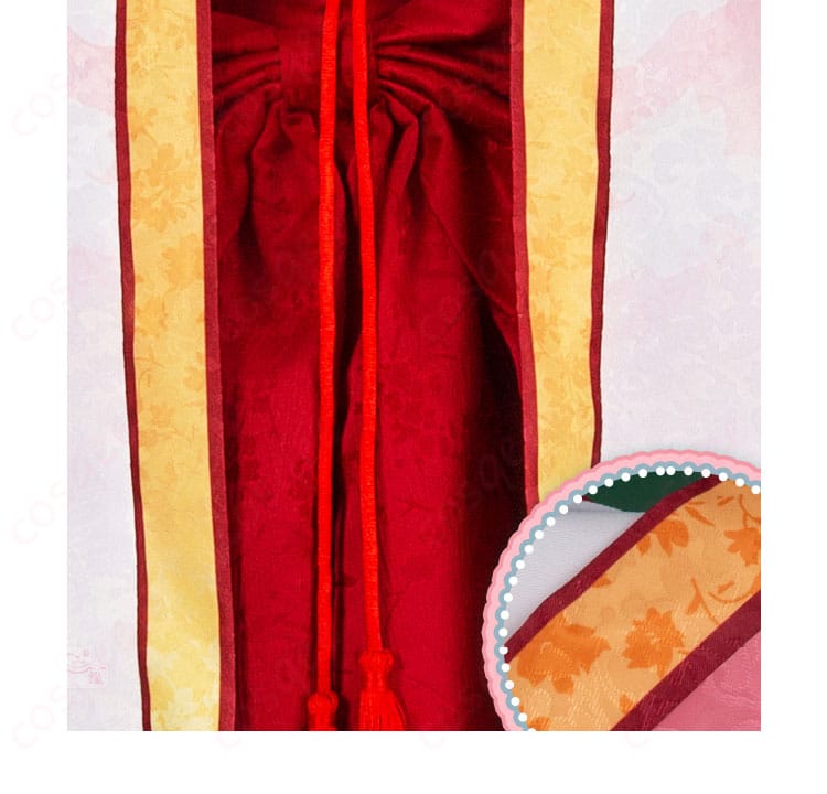 朝武芳乃 巫女姫様 コスプレ衣装の衣襟と腰間の装飾の詳細画像。美しいアクセント。