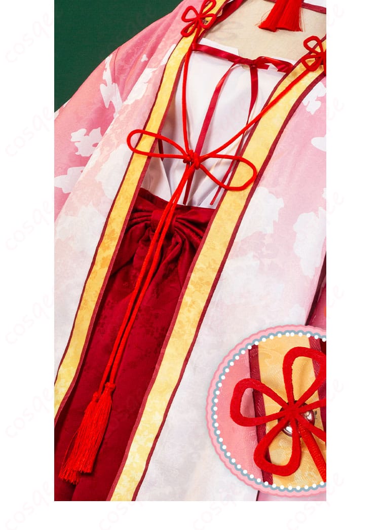 朝武芳乃 巫女姫様 コスプレ衣装の赤い系紐装飾の詳細画像。華やかで印象的なデザイン。