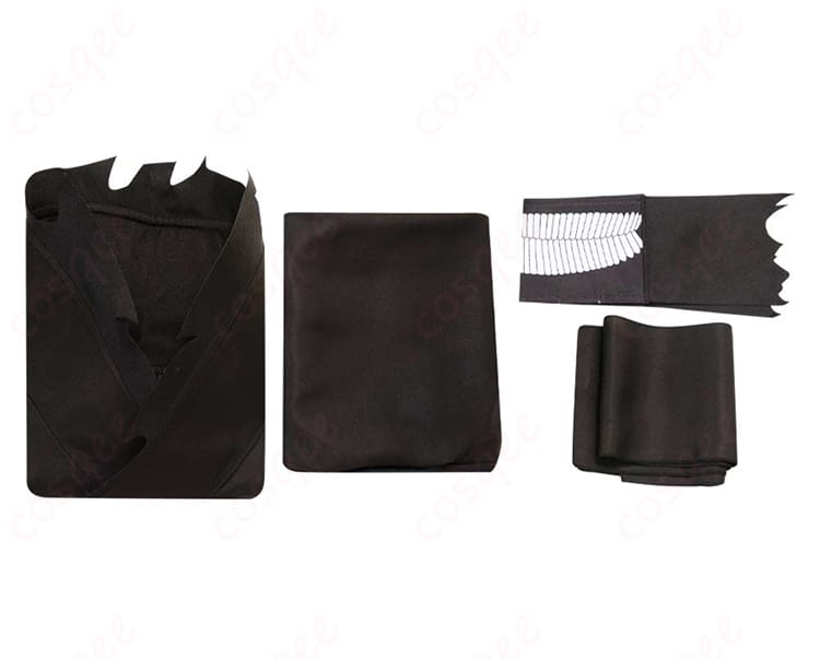 コスプレ衣装セットの全内容を示す画像。コート、ズボン、マスク、マフラーが含まれています。