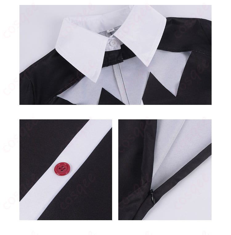 ゆんゆん コスプレ衣装の領口部分のボタンとジッパー装飾のアップ。細部までこだわった仕上がり。