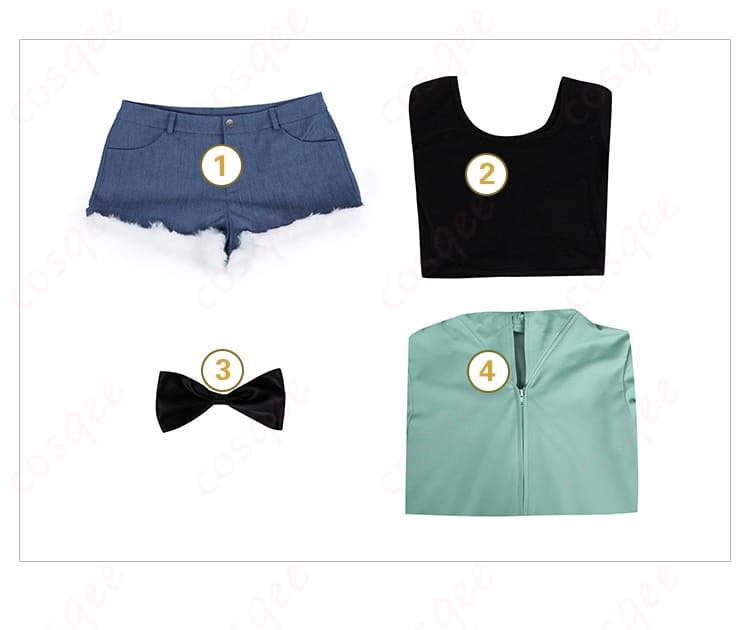 コスプレ衣装セット内容の画像。コート、トップス、ショートパンツ、髪飾りがすべて含まれています。