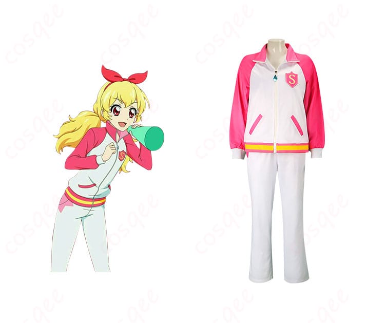 アイカツ!のスターライト学園スクールジャージコスプレ衣装とキャラクターの人物が一緒に写っている画像。高い再現度でキャラクターの魅力を忠実に再現。