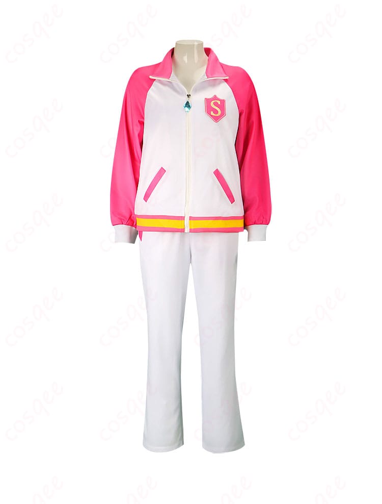 アイカツ!スクールジャージコスプレ衣装の正面からの画像。ピンク、水色、パープル、オレンジのカラー展開。