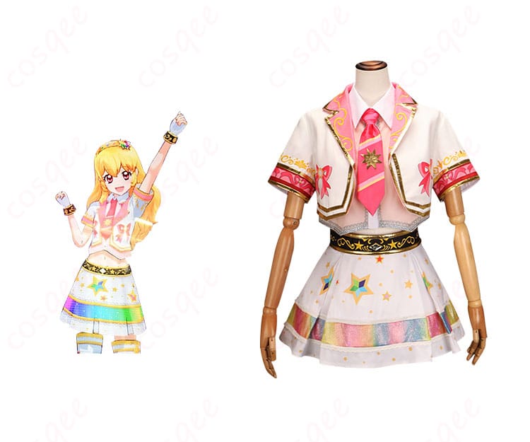 商品正面とキャラクター星宮いちごのコスプレ衣装の組み合わせ図。アイカツオンパレード! 星宮いちご コスプレ衣装を着た人物の画像。