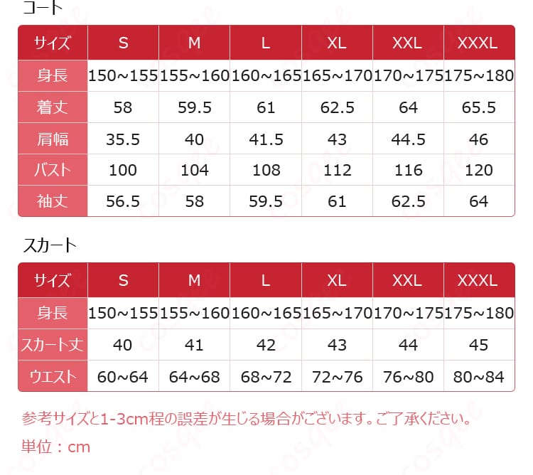 天野いちごコスプレ衣装のサイズと対応データ。各サイズの詳細情報をご確認ください。