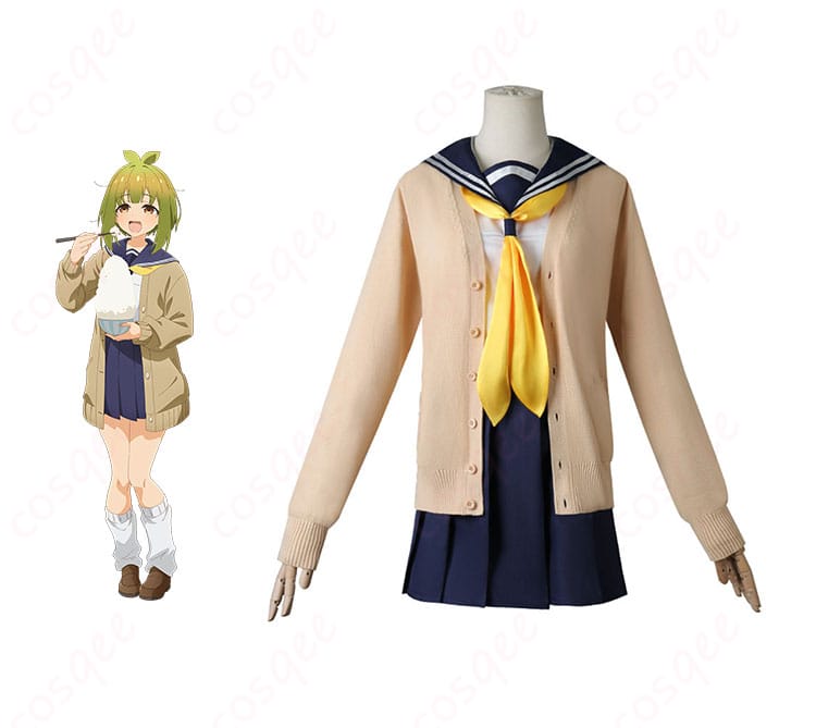 商品正面とキャラクター『馬車芽めめ』のコスプレ衣装。忠実再現、高忠実度で着心地抜群。コスプレ衣装詳細。