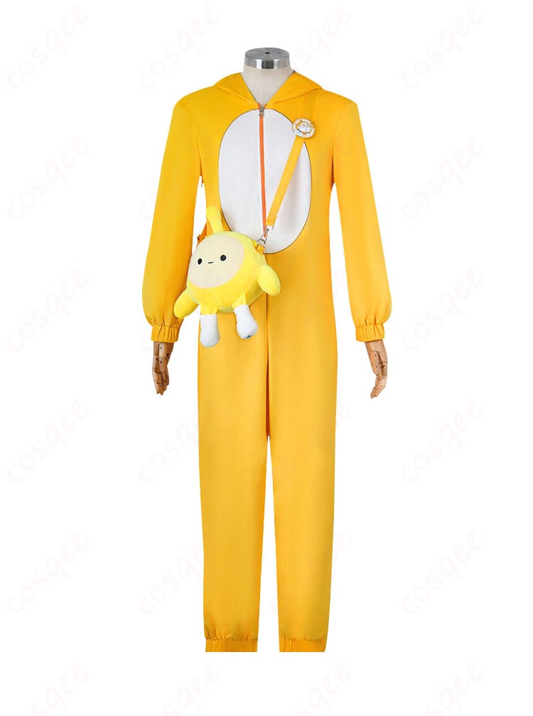 幸運児(キラくん)のコスプレ衣装正面写真。ジャンプスーツ、胸飾り、メガネなど、細部まで再現。